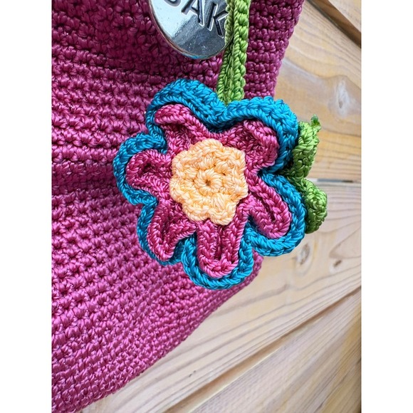 The Sak Pink Crochet Drawstring Backpack Boho Flower Charm Berry Knit Bag main image 8